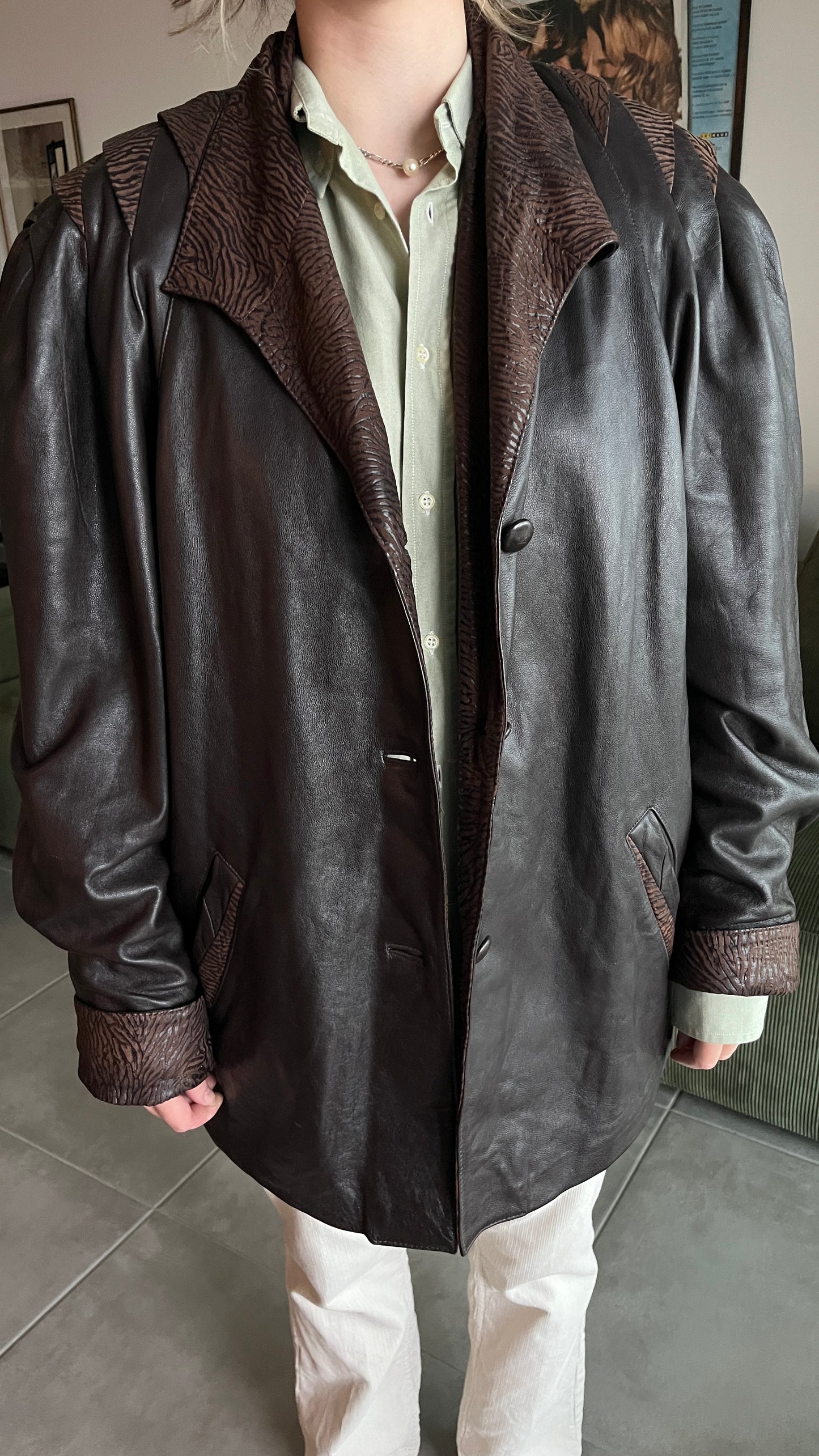 Brown Leather Coat with Zebra Pattern