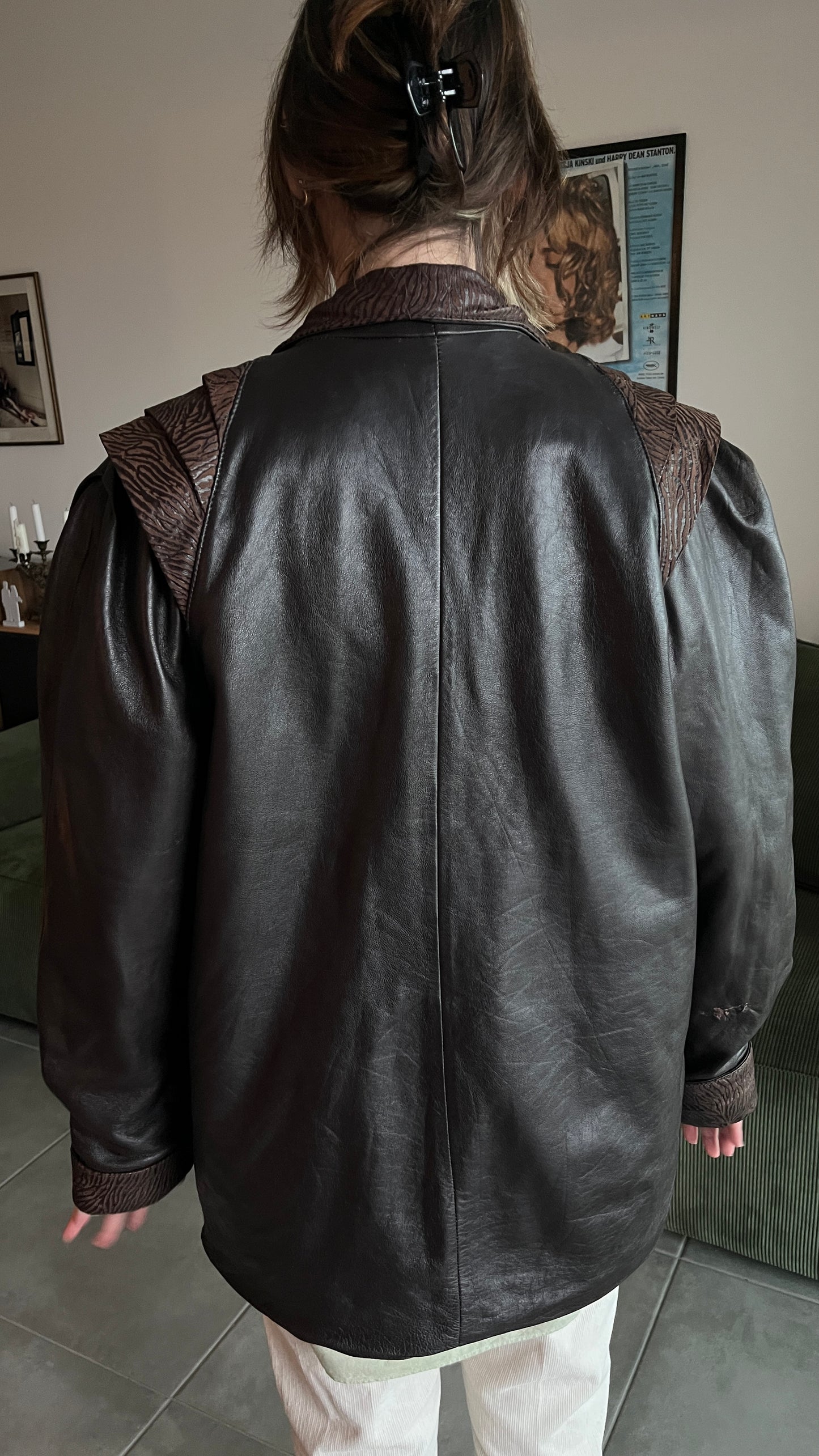 Brown Leather Coat with Zebra Pattern