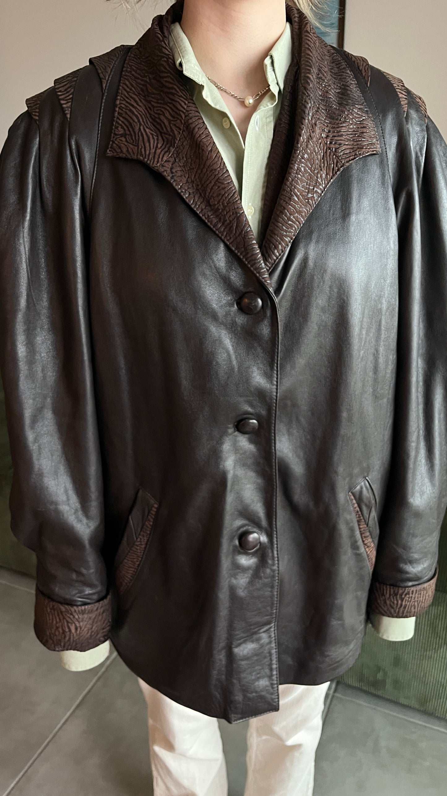 Brown Leather Coat with Zebra Pattern