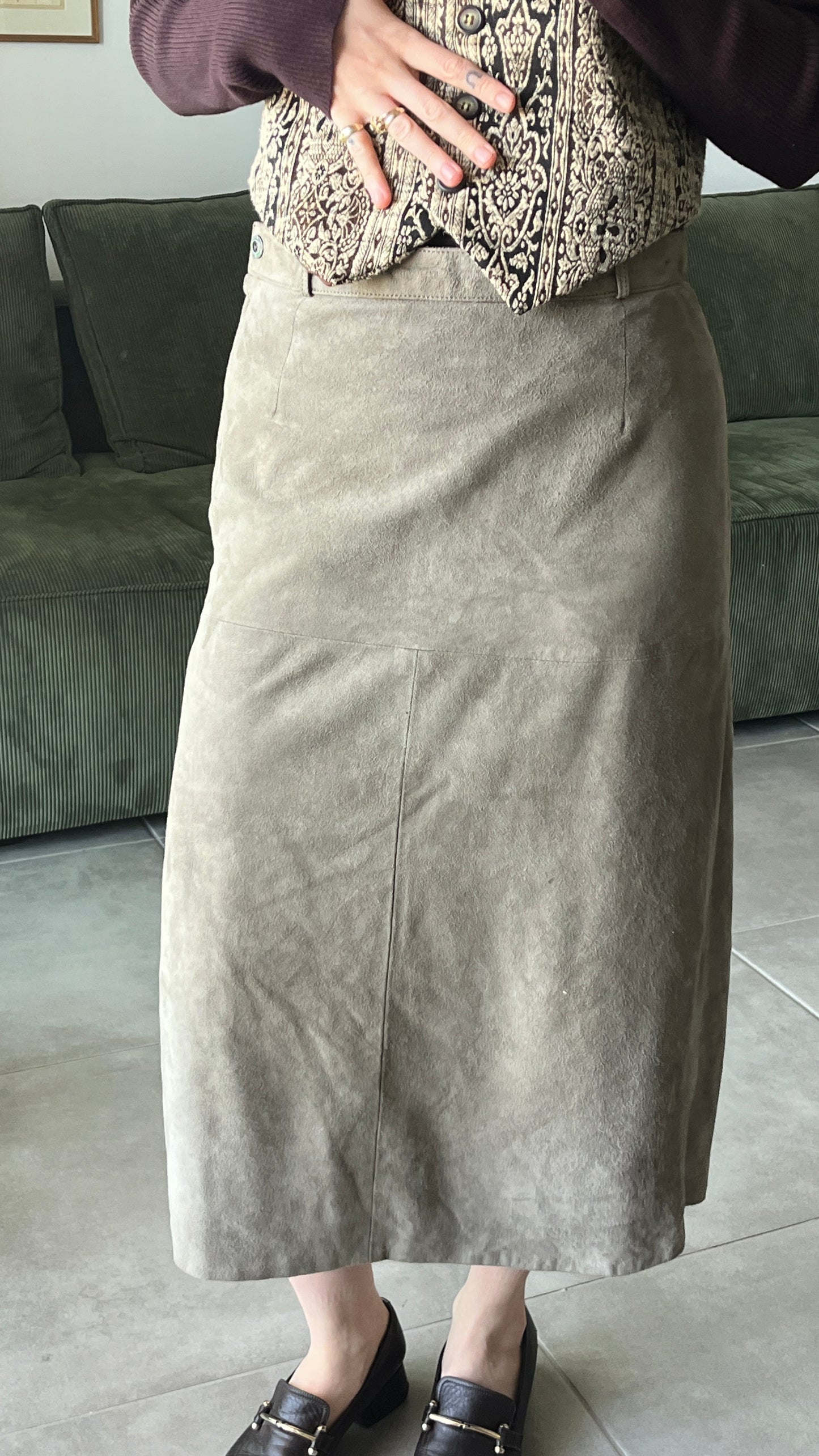 Greenish Suede Midi Skirt