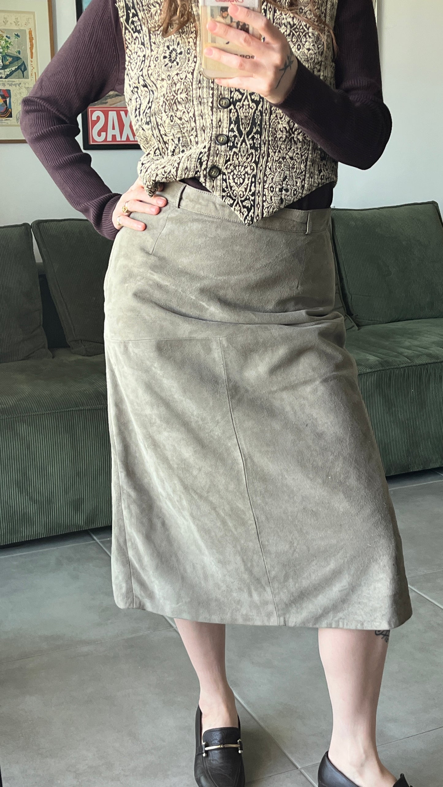 Greenish Suede Midi Skirt