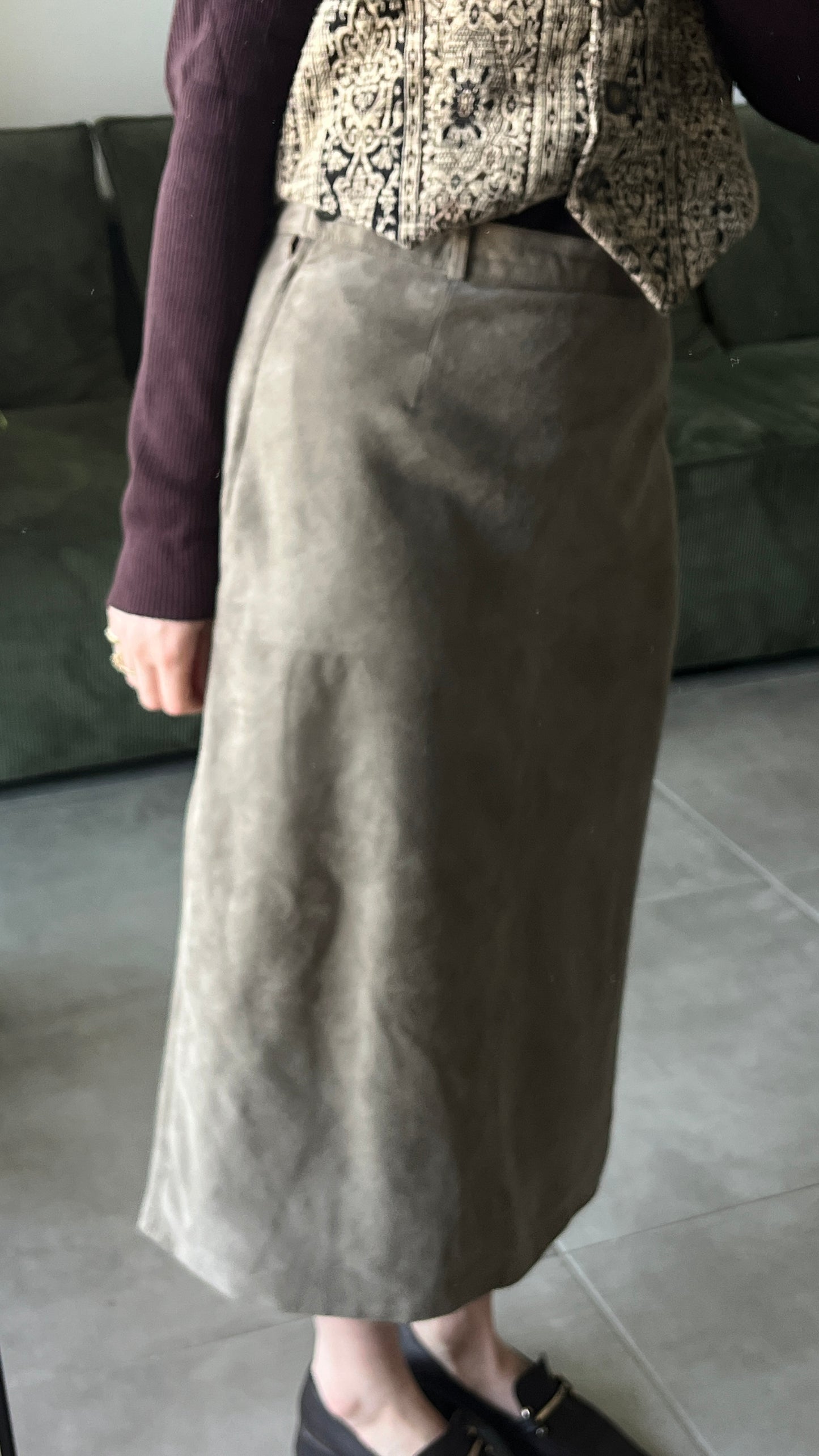 Greenish Suede Midi Skirt