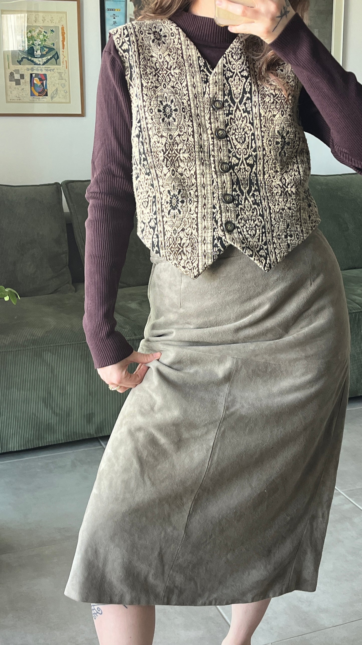 Greenish Suede Midi Skirt