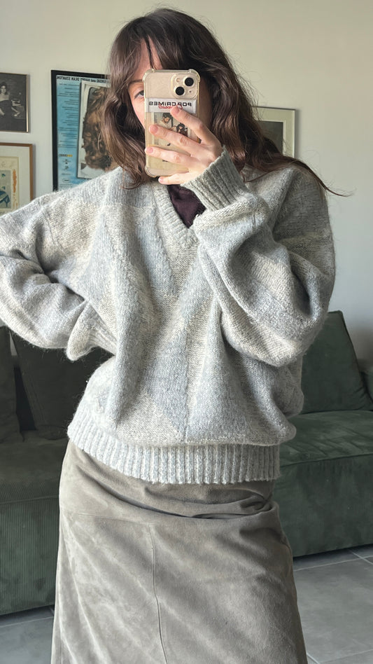 Grey Cropped V-Neck Sweater