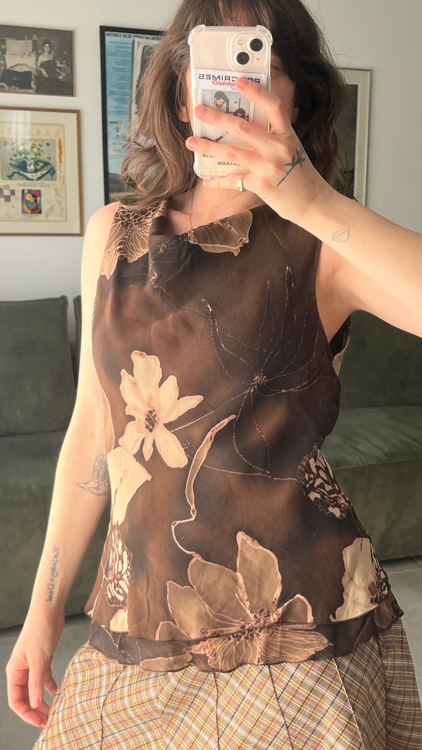 Brown Floral Chiffon Tank Top