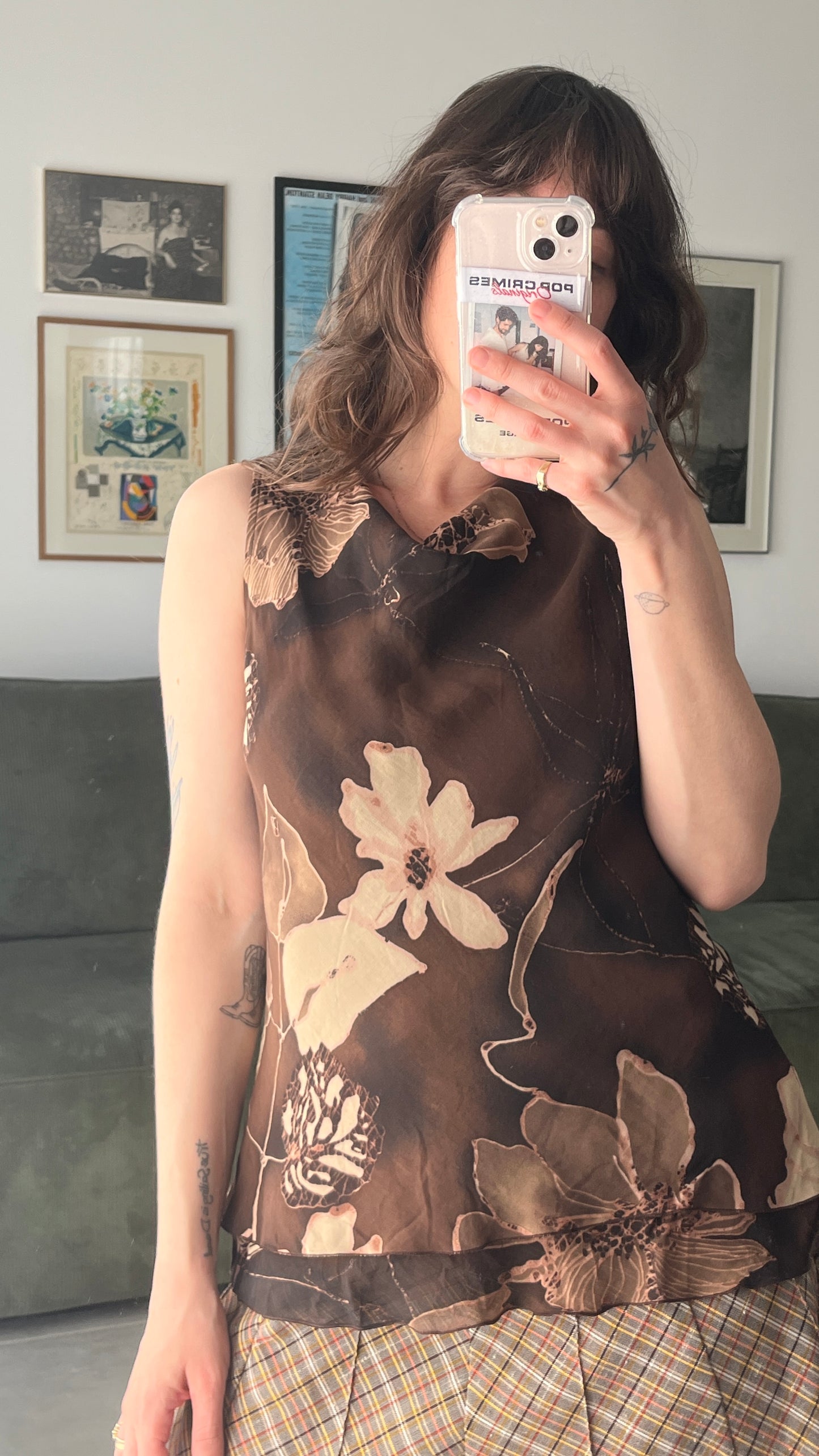 Brown Floral Chiffon Tank Top