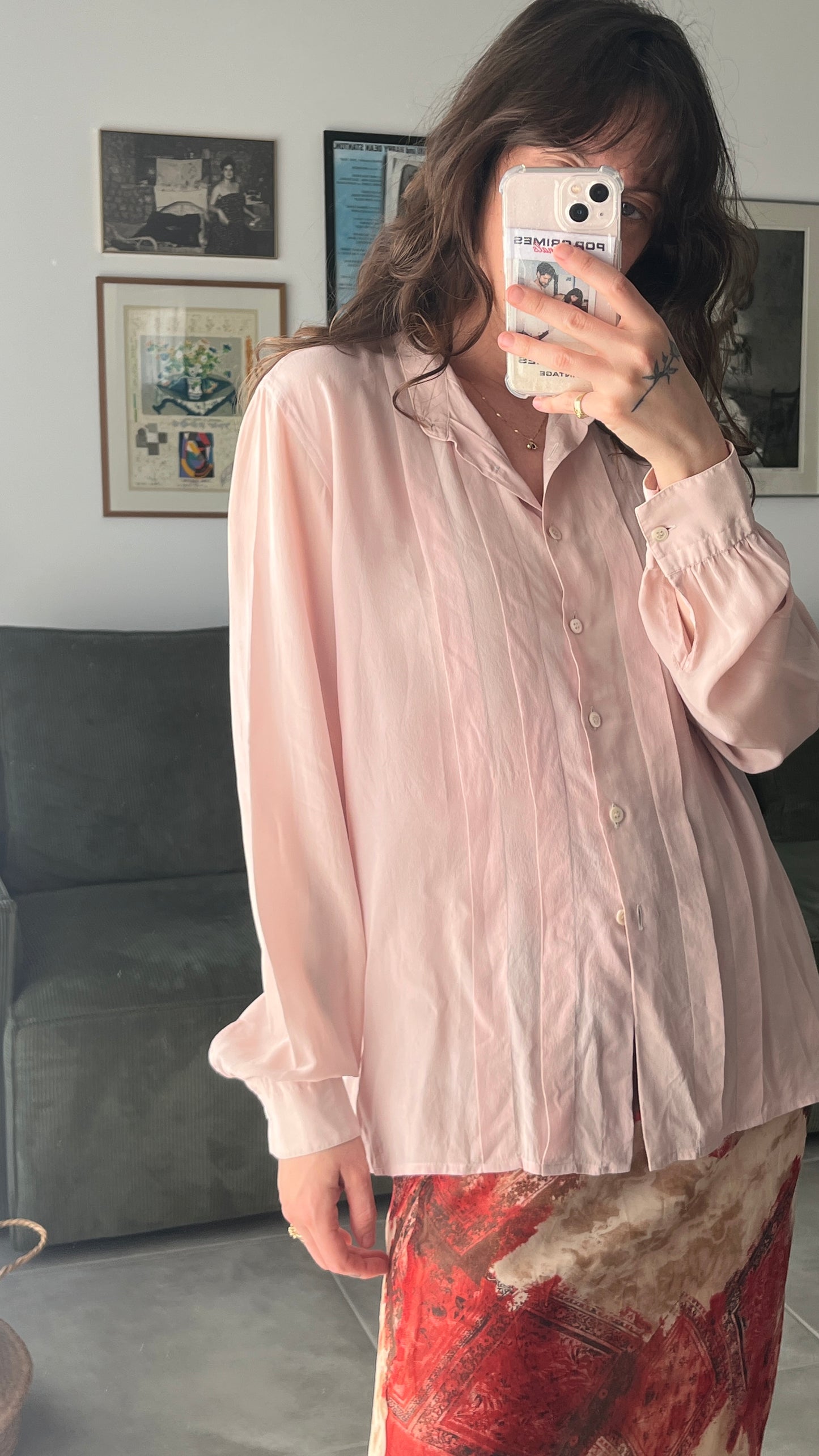 Pink Silk Shirt with Mandarin Collar