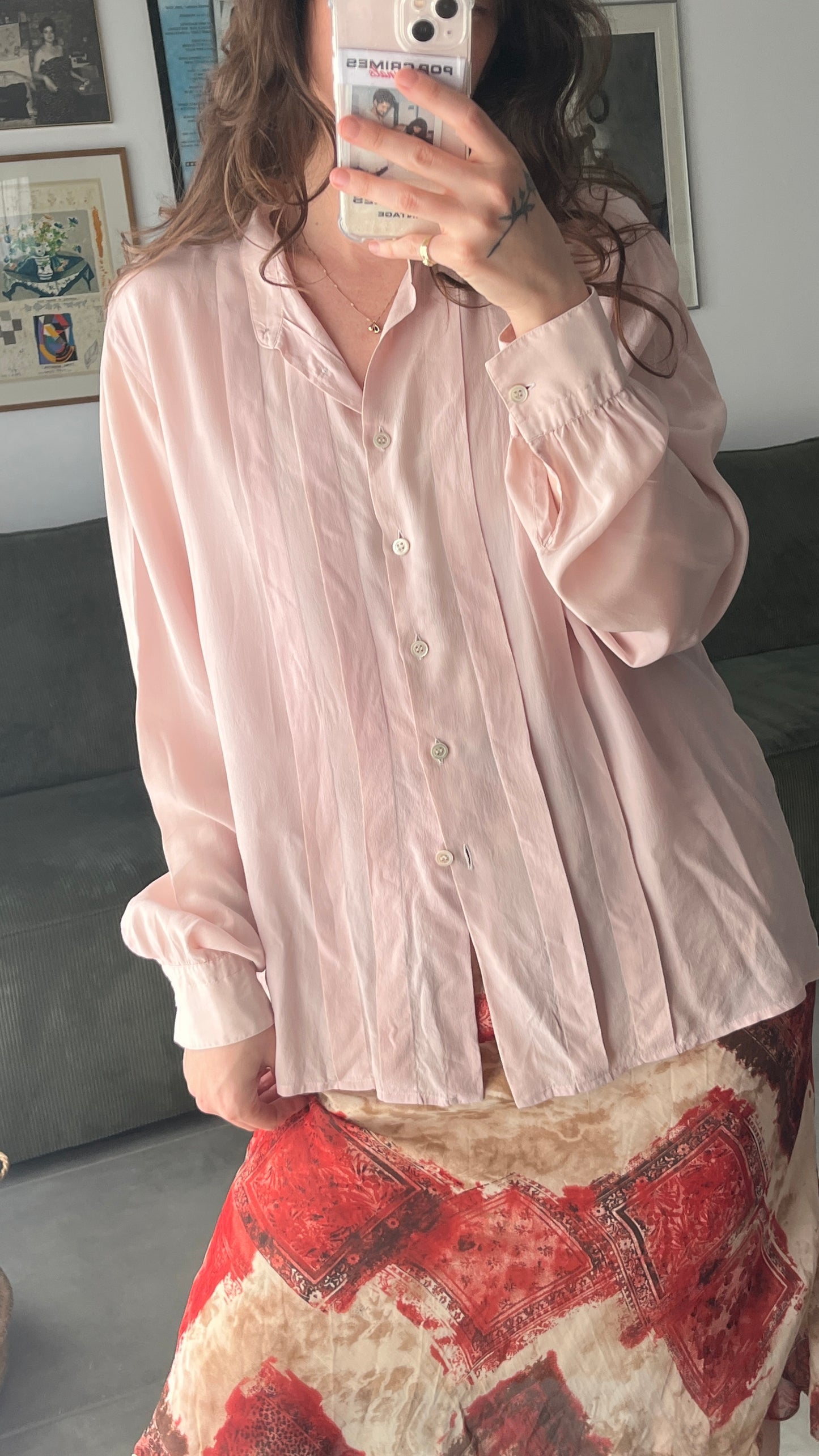 Pink Silk Shirt with Mandarin Collar