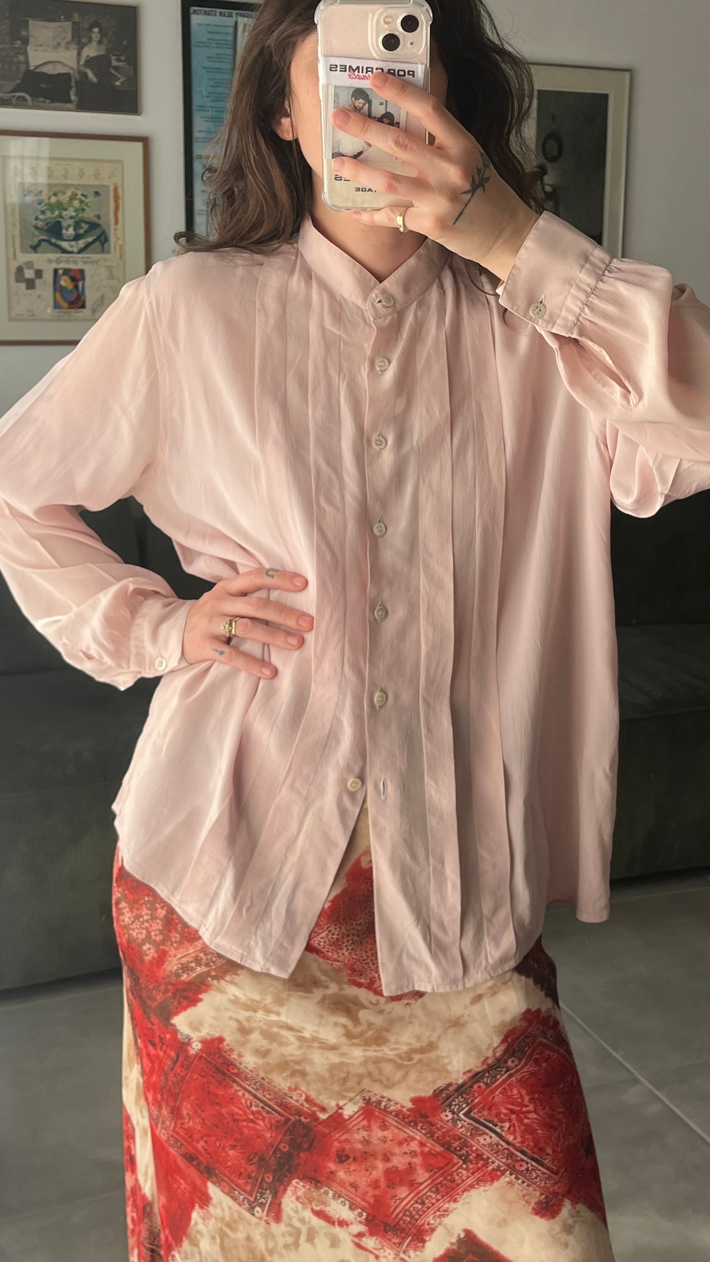 Pink Silk Shirt with Mandarin Collar