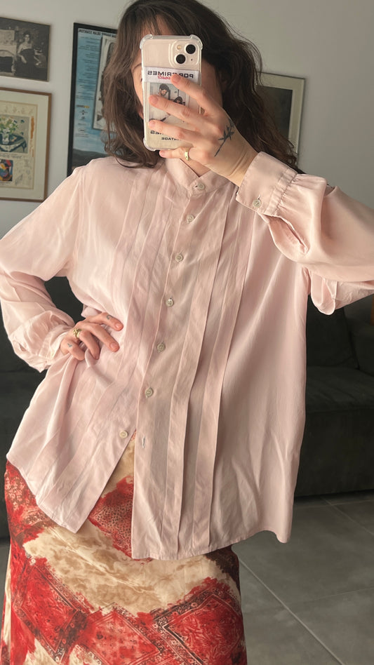Pink Silk Shirt with Mandarin Collar