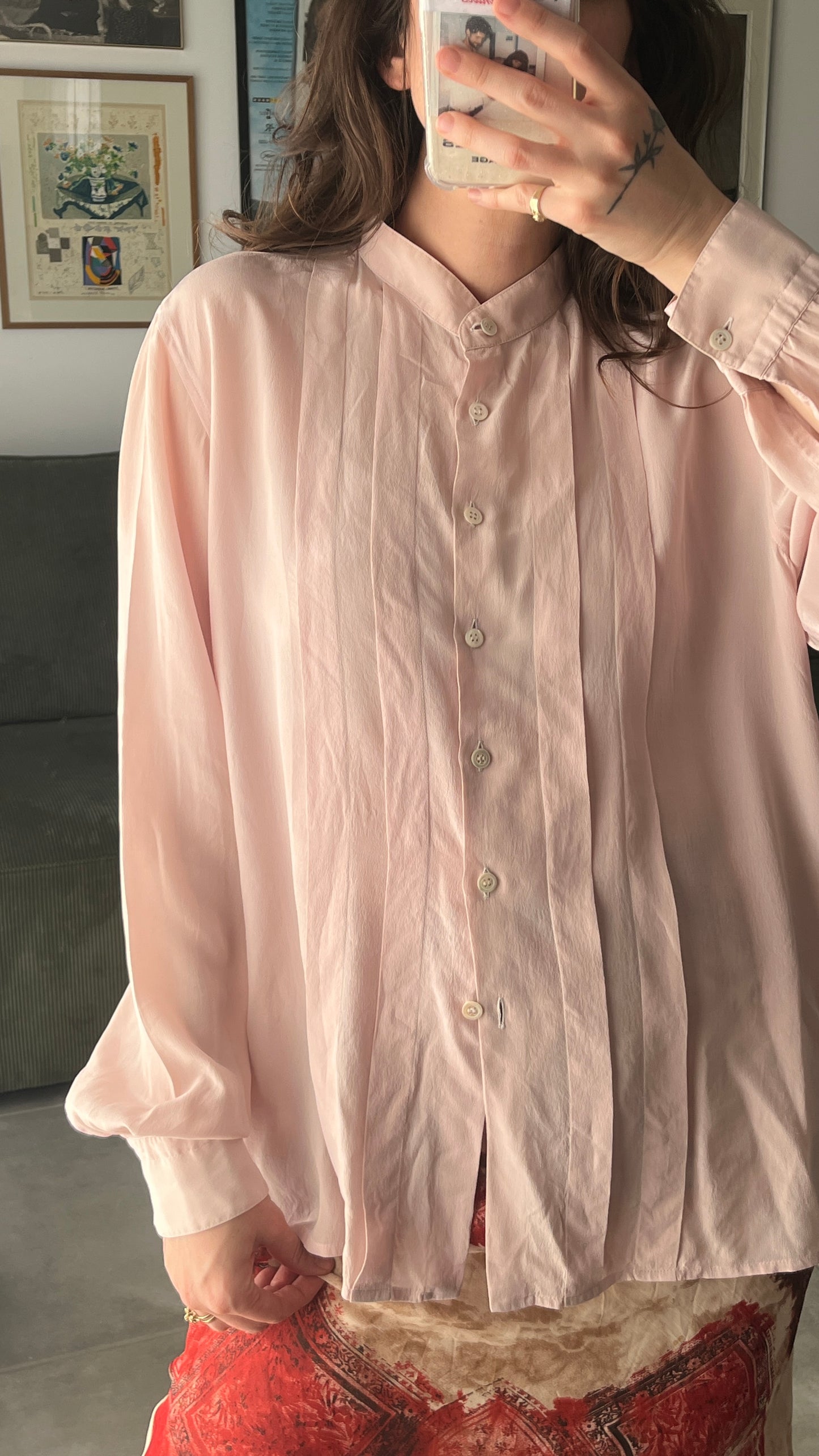 Pink Silk Shirt with Mandarin Collar